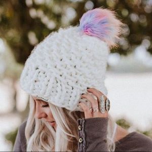 Three Bird Nest Accessories - Rainbow Ivory Pom Knitted Beanie Three Bird Nest Accessories - Rainbow Ivory Pom Knitted Beanie